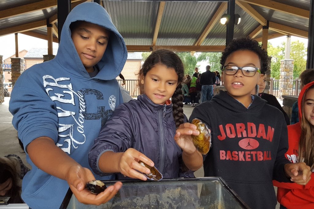 Children check out and hold mussels.